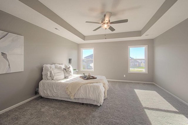 bedroom with a raised ceiling, carpet flooring, and baseboards