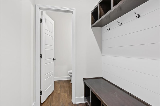 mudroom featuring baseboards and dark wood-style flooring