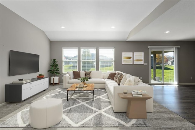 living room with wood-type flooring and lofted ceiling