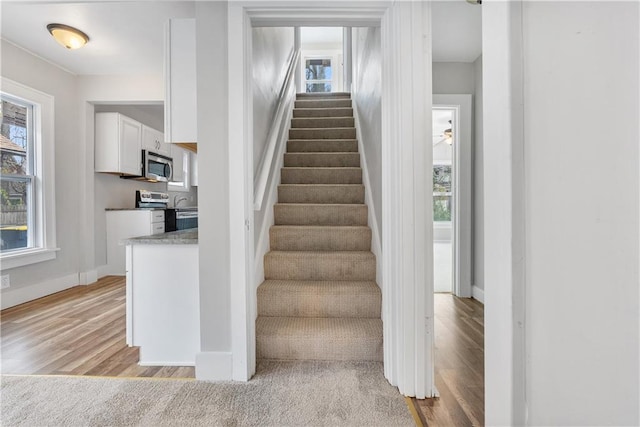 stairway with hardwood / wood-style floors and ceiling fan