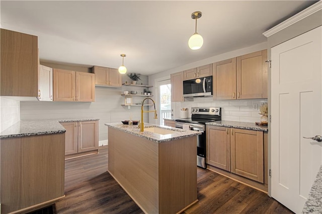 kitchen with pendant lighting, dark hardwood / wood-style floors, light brown cabinetry, and appliances with stainless steel finishes