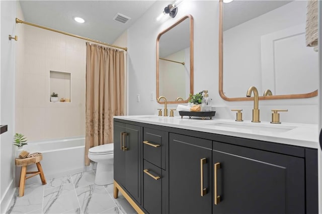 full bathroom featuring shower / bathtub combination with curtain, visible vents, marble finish floor, and a sink