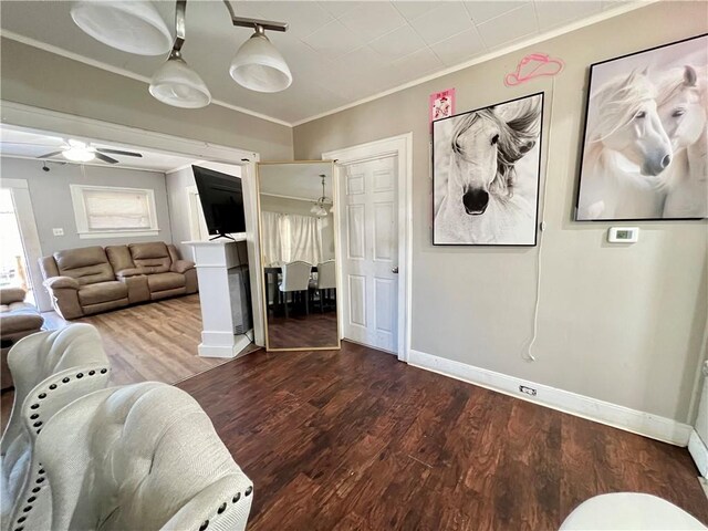 living room with wood-type flooring, ceiling fan, and crown molding