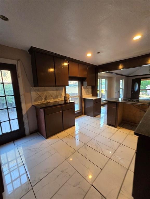 kitchen featuring kitchen peninsula, dark brown cabinetry, and a wealth of natural light