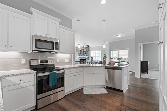 11901 S Tallgrass Dr Unit 702, Olathe, KS 66061 - kitchen featuring appliances with stainless steel finishes, a sink, ornamental molding, a peninsula, and dark wood-type flooring