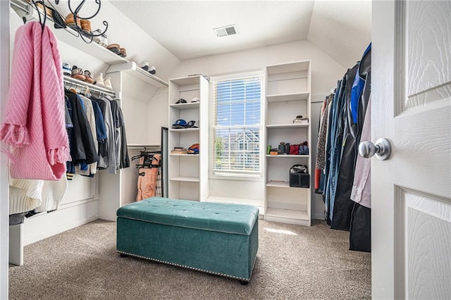 walk in closet featuring carpet and vaulted ceiling