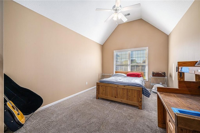 carpeted bedroom with ceiling fan and lofted ceiling