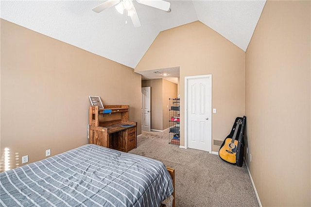 carpeted bedroom featuring ceiling fan and lofted ceiling