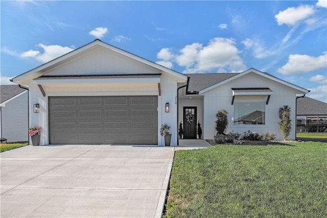 single story home featuring a front yard and a garage