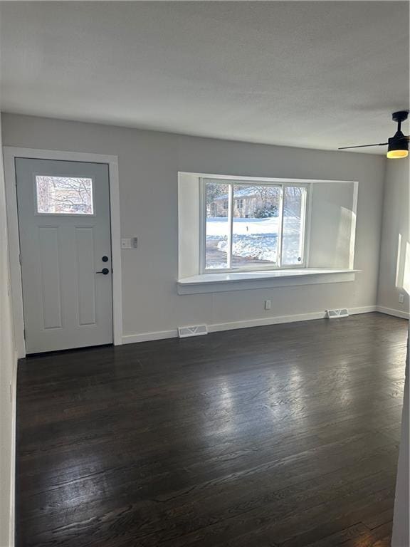 entryway featuring ceiling fan, a healthy amount of sunlight, and dark hardwood / wood-style floors