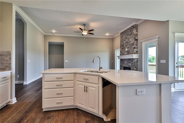 kitchen featuring dark hardwood / wood-style flooring, sink, and a kitchen island with sink