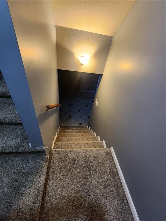 stairs featuring carpet flooring