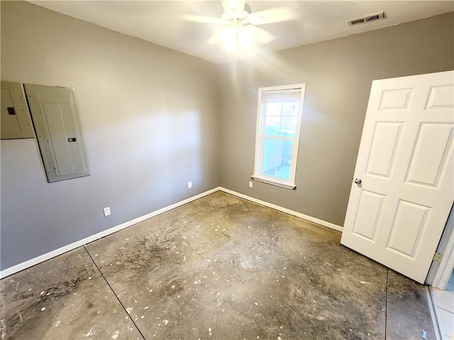 unfurnished room featuring electric panel and ceiling fan