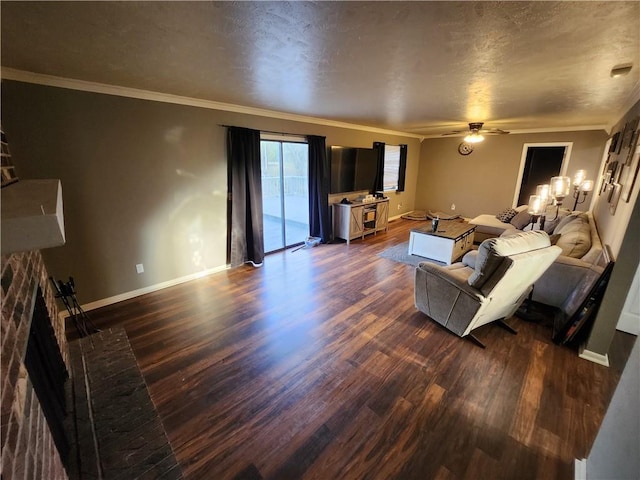 living room featuring dark hardwood / wood-style flooring, ceiling fan, and crown molding