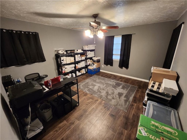 home office featuring a textured ceiling, hardwood / wood-style flooring, and ceiling fan