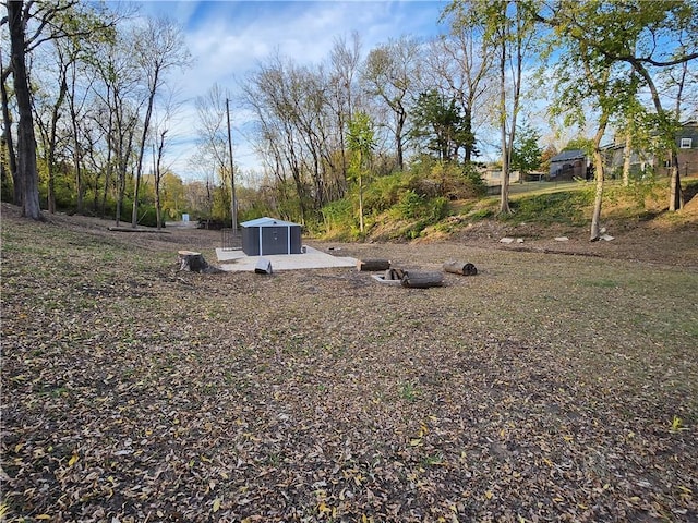 view of yard featuring a storage unit