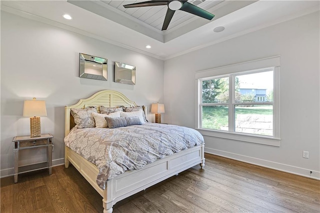 24912 W 98th Pl, Lenexa, KS 66227 - bedroom with a tray ceiling, dark wood finished floors, baseboards, ornamental molding, and ceiling fan