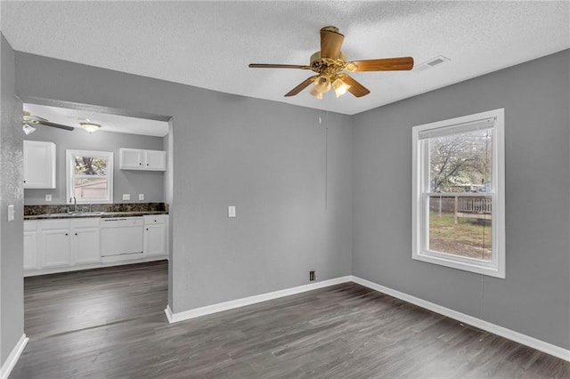 empty room featuring a textured ceiling, dark hardwood / wood-style flooring, and sink