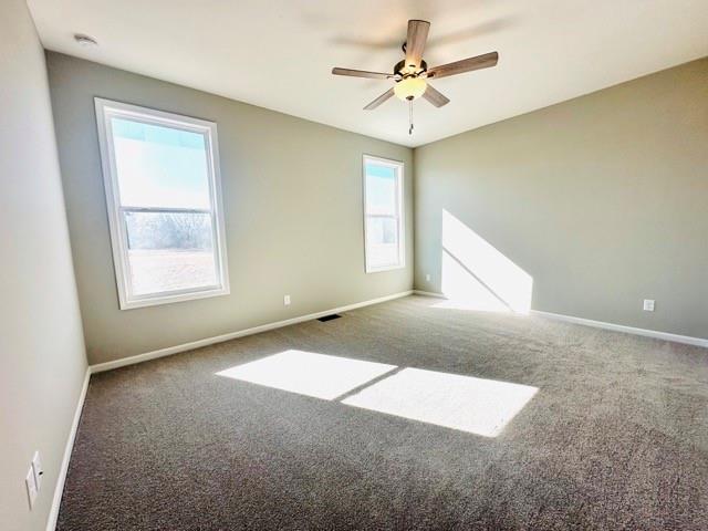 spare room featuring ceiling fan, plenty of natural light, and carpet