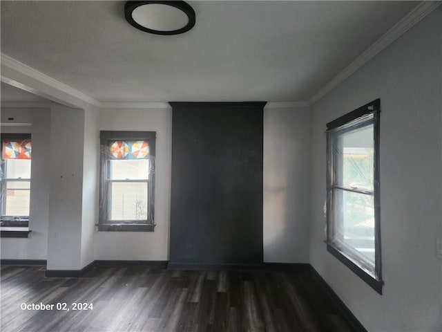 empty room with ornamental molding, a healthy amount of sunlight, and dark hardwood / wood-style floors