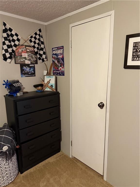 carpeted bedroom with a textured ceiling and crown molding