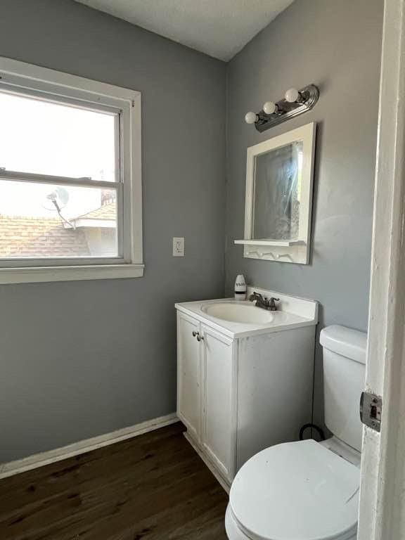 bathroom featuring hardwood / wood-style floors, vanity, and toilet