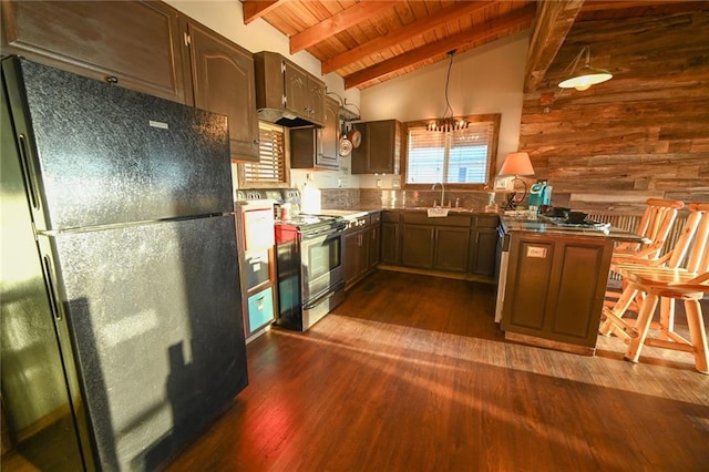 kitchen featuring sink, dark wood-type flooring, vaulted ceiling with beams, wood ceiling, and appliances with stainless steel finishes