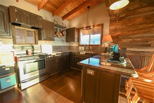 kitchen with sink, dark wood-type flooring, lofted ceiling with beams, pendant lighting, and stainless steel electric range