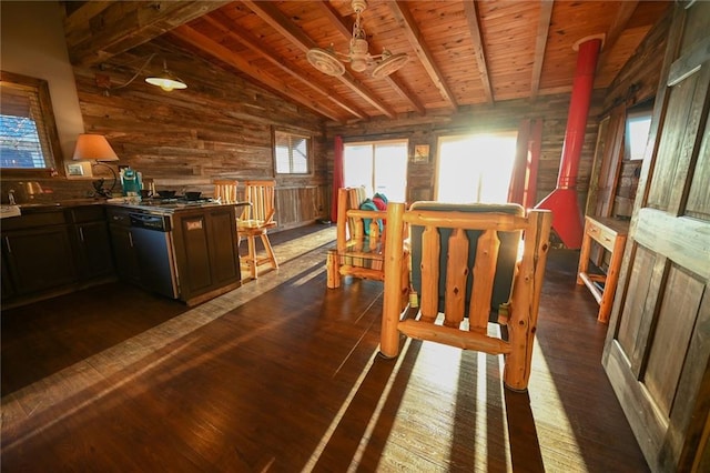 dining area featuring wooden ceiling, dark wood-type flooring, lofted ceiling with beams, wooden walls, and ceiling fan