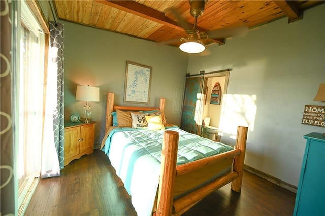 bedroom featuring ceiling fan, beam ceiling, a barn door, wooden ceiling, and dark hardwood / wood-style floors