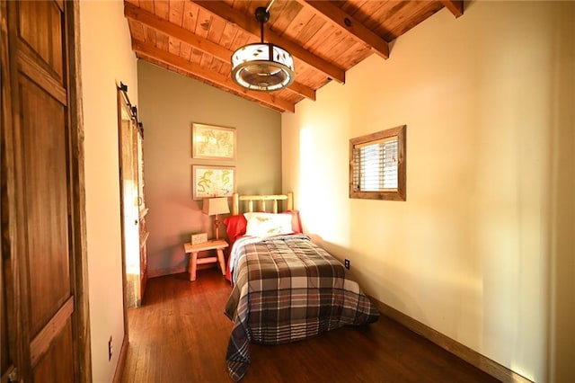 bedroom with vaulted ceiling with beams, wood ceiling, and dark wood-type flooring