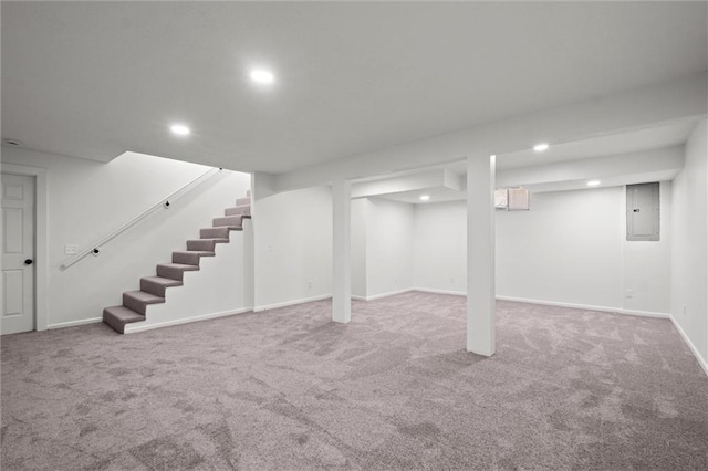 basement featuring carpet floors and electric panel