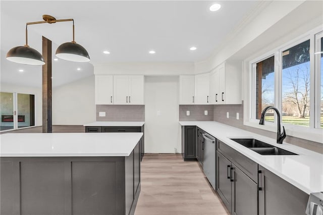 kitchen with pendant lighting, white cabinets, sink, stainless steel dishwasher, and decorative backsplash