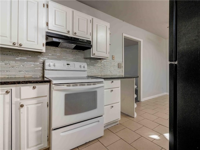 kitchen with black fridge, white cabinetry, light tile patterned floors, white electric stove, and decorative backsplash