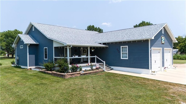 ranch-style house with a garage, a porch, and a front lawn