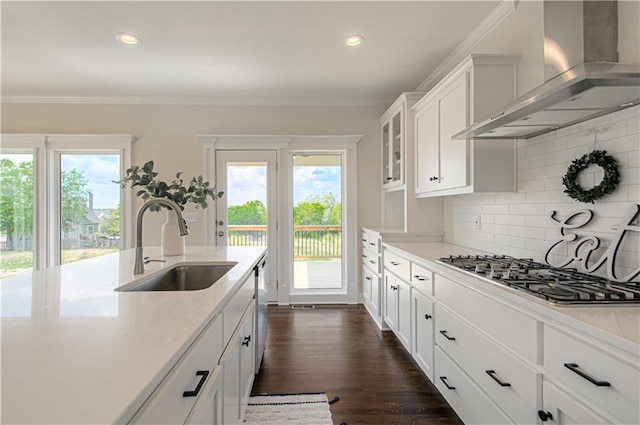 kitchen featuring white cabinetry, sink, wall chimney range hood, appliances with stainless steel finishes, and ornamental molding