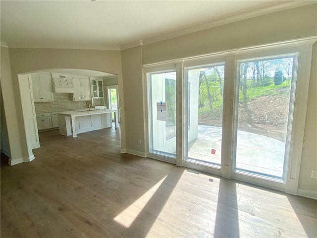 doorway featuring plenty of natural light, baseboards, and arched walkways