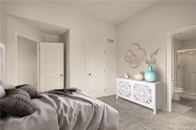 carpeted bedroom featuring vaulted ceiling, ensuite bathroom, and visible vents