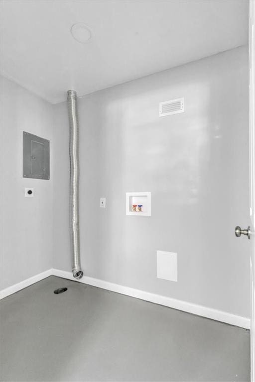 9043 Walnut St, Kansas City, MO 64114 - laundry room featuring hookup for an electric dryer, electric panel, hookup for a washing machine, and baseboards