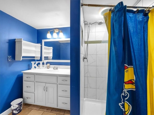 9317 Gillette St, Lenexa, KS 66215 - full bath with curtained shower, vanity, and tile patterned floors