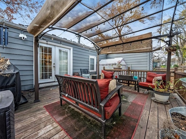 9317 Gillette St, Lenexa, KS 66215 - wooden terrace featuring an outdoor living space, a pergola, and a grill