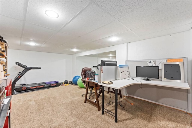 carpeted home office featuring a paneled ceiling