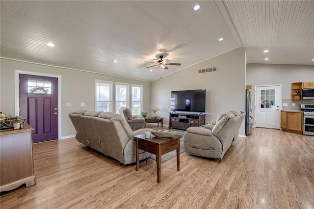 living room with ceiling fan, light wood-type flooring, lofted ceiling, and wooden ceiling