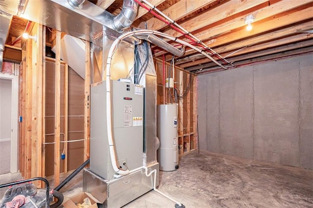unfinished basement featuring heating unit and water heater
