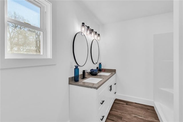 bathroom featuring wood-type flooring and vanity