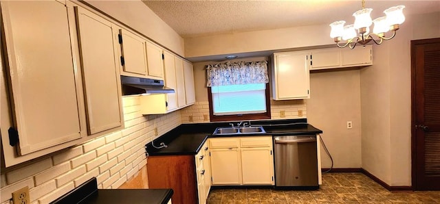 kitchen featuring dishwasher, sink, an inviting chandelier, backsplash, and white cabinets