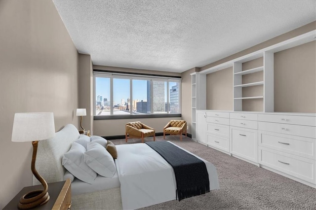 carpeted living area with a view of city and a textured ceiling