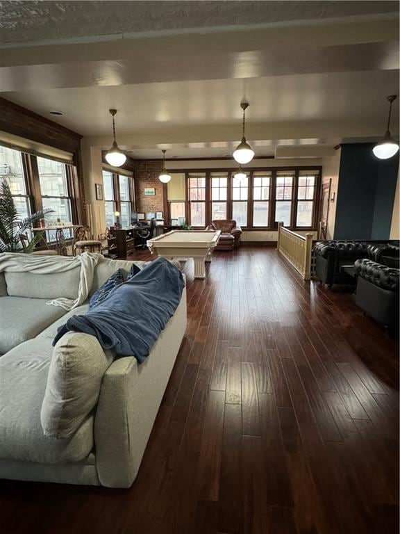 living room featuring dark hardwood / wood-style floors and billiards