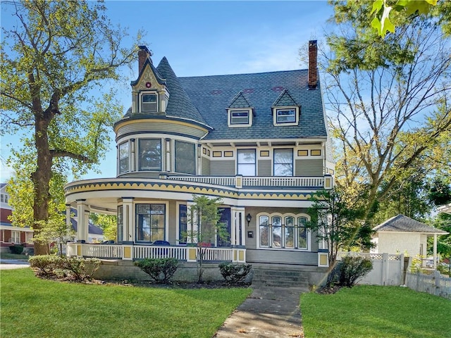 victorian home with covered porch and a front lawn