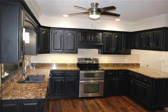 kitchen featuring sink, crown molding, double oven range, dark hardwood / wood-style floors, and stone counters